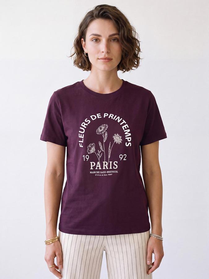 R&B Women Purple Short Sleeve Round Neck Typography Graphic Print T-Shirt