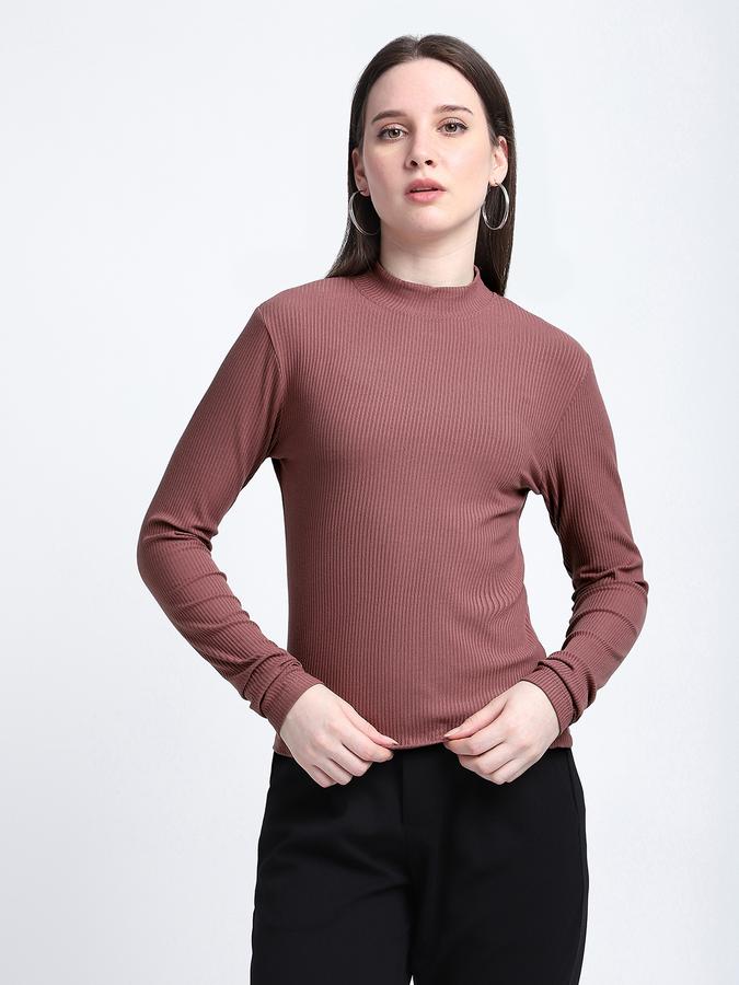 R&B Women Mauve Solid High-Neck Top
