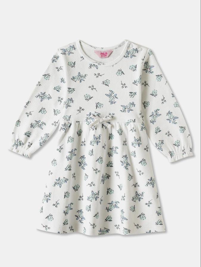 R&B White Floral Printed Girls Long Sleeves Dress
