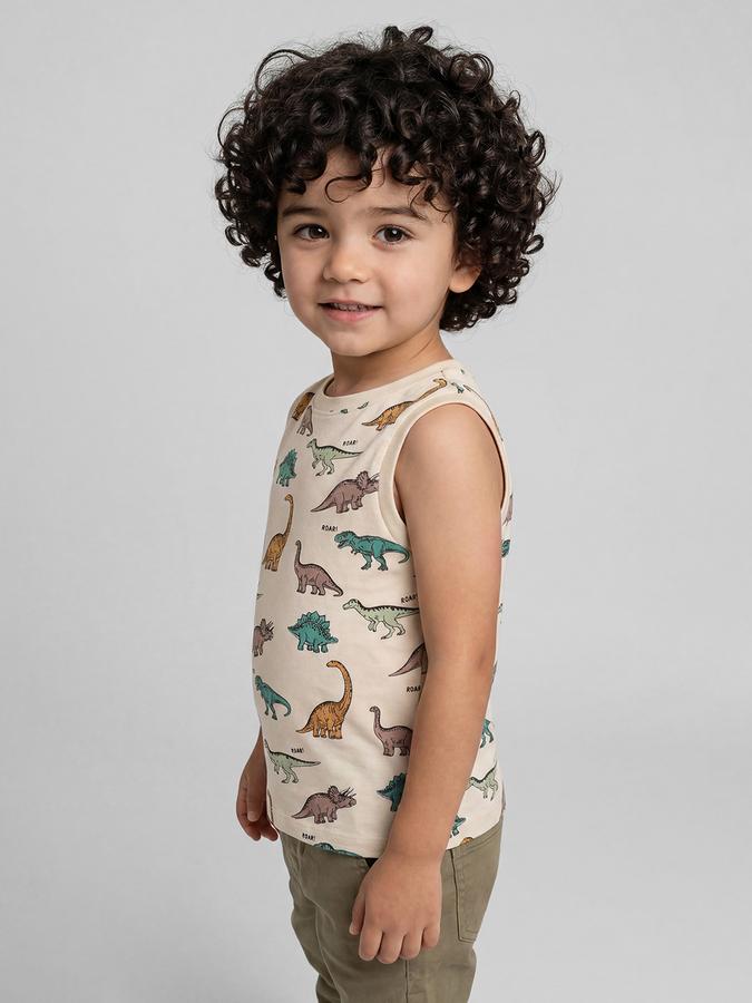 R&B Beige Graphic Print Boys Round Neck Regular Fit Sleeveless T-Shirt 