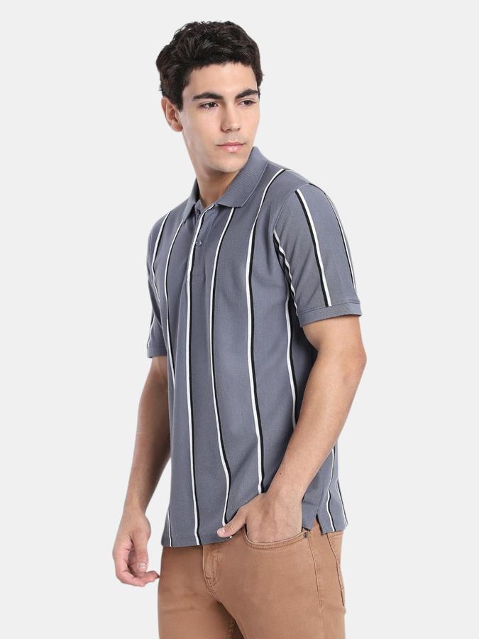 R&B Grey Striped Men Short Sleeve Polo T-shirt