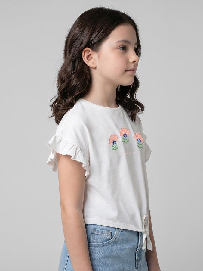 R&B White Floral Print Girls Round Neck Regular Fit Short Sleeves T-Shirt 