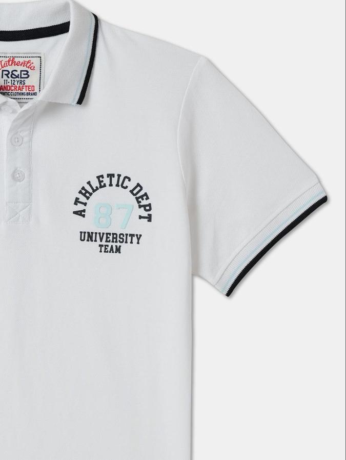R&B White Cotton Polo Collar Printed Boy T-Shirt