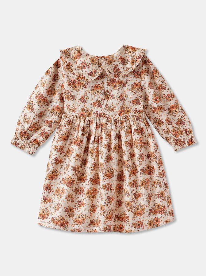 R&B Beige Floral Printed Girls Long Sleeves Dress