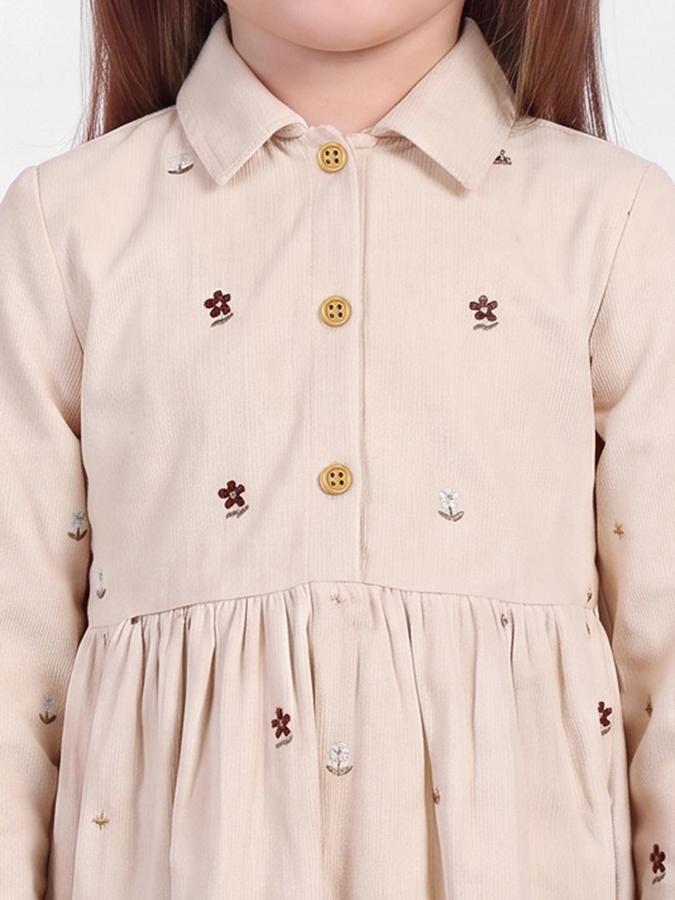 R&B Girls Beige Floral Embroidered Shirt Collar Long Sleeves Fit and Flare Dress