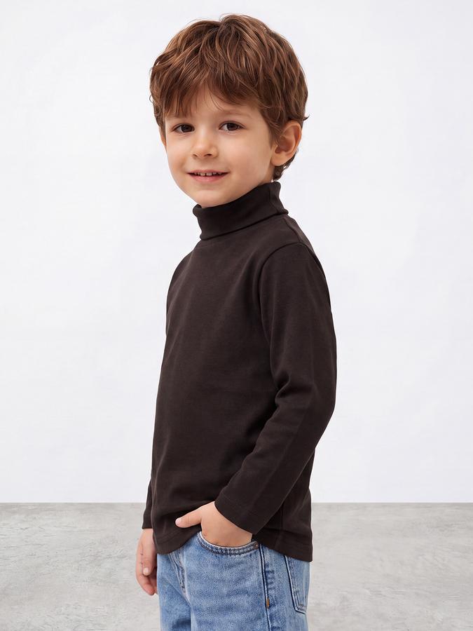 R&B Boys Brown Solid High Neck Long Sleeves Pure Cotton T-shirt