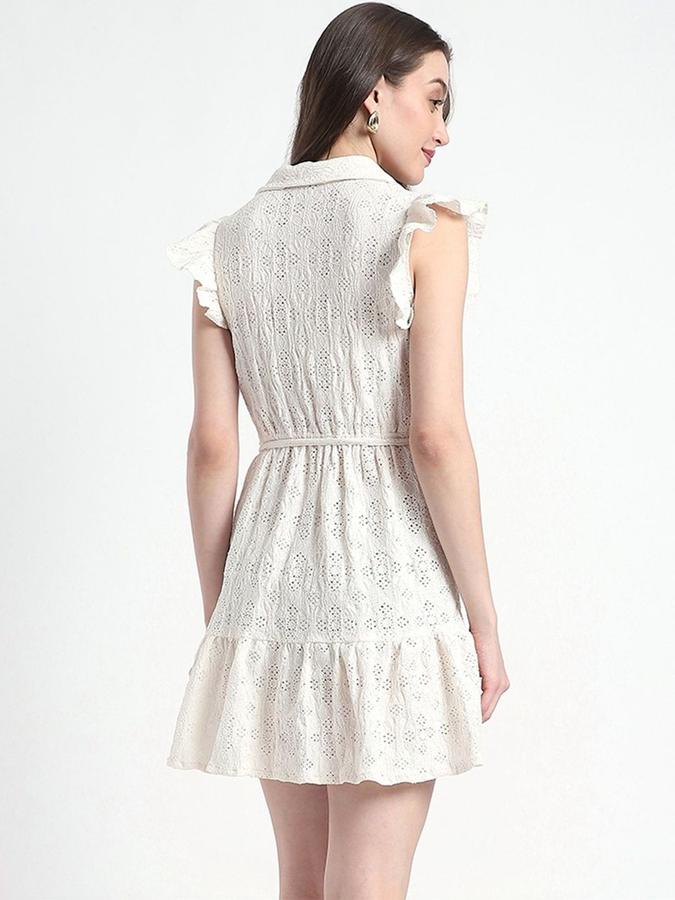 R&B Women Ivory Self Design Sleeveless Lapel Collar Mini Fit &amp; Flare Dress