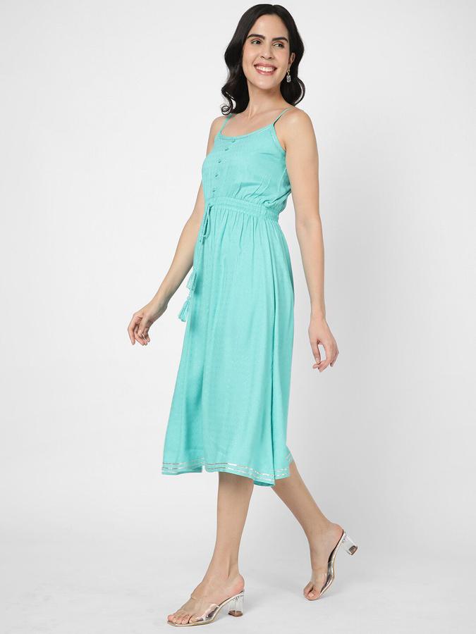 R&B Women Turquoise Self Design Sleeveless Round Neck Midi Fit &amp; Flare Ethnic Dress