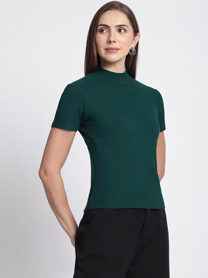 R&B Womens Dark Green Self Design High Neck Short Sleeves Top