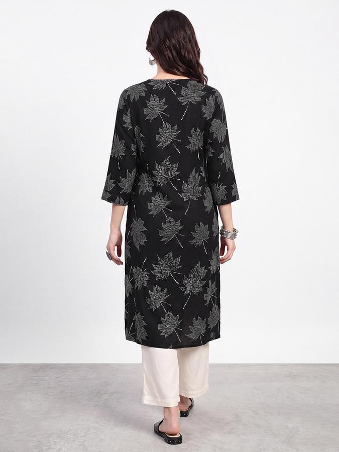 R&B Womens Black Three-Quarter Sleeves V Neck Floral Printed Straight Kurta