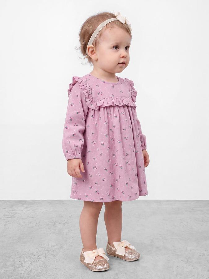 R&B Girls Pink Floral Print Round Neck Bishop Sleeves A-Line Dress