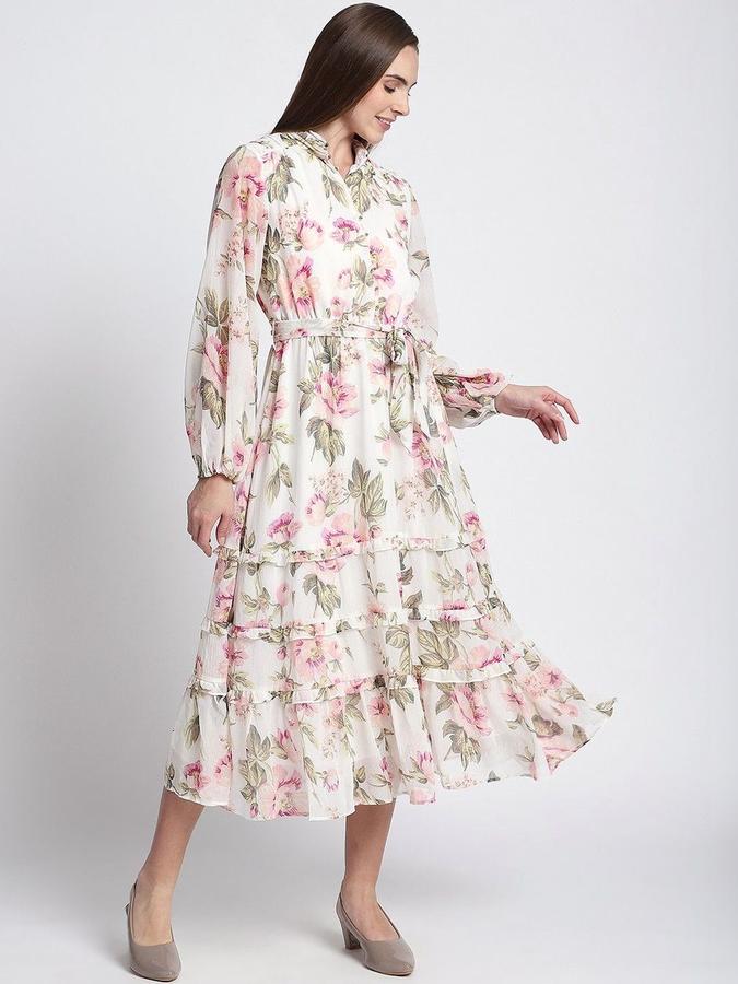 R&B Women Pink Floral Long Sleeves Mandarin Collar Midi A-Line Dress