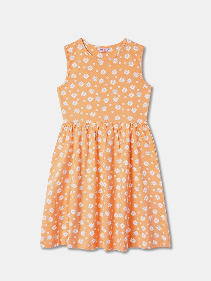 Girls Floral Print Sleeveless Round Neck Knee Length Dress