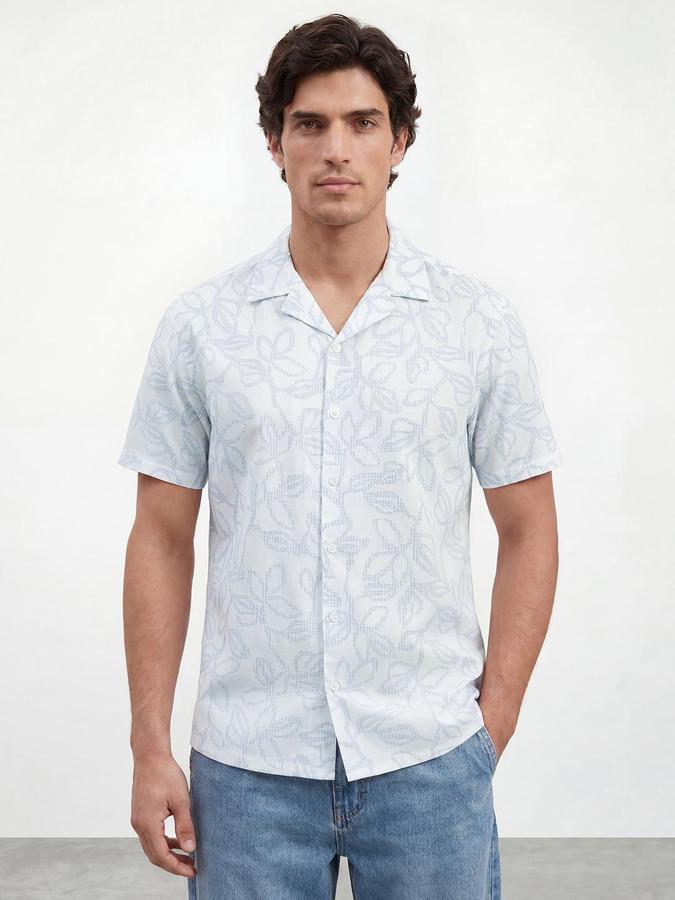 R&B Men White Floral Print Resort Collar Short Sleeves Regular Fit Shirt