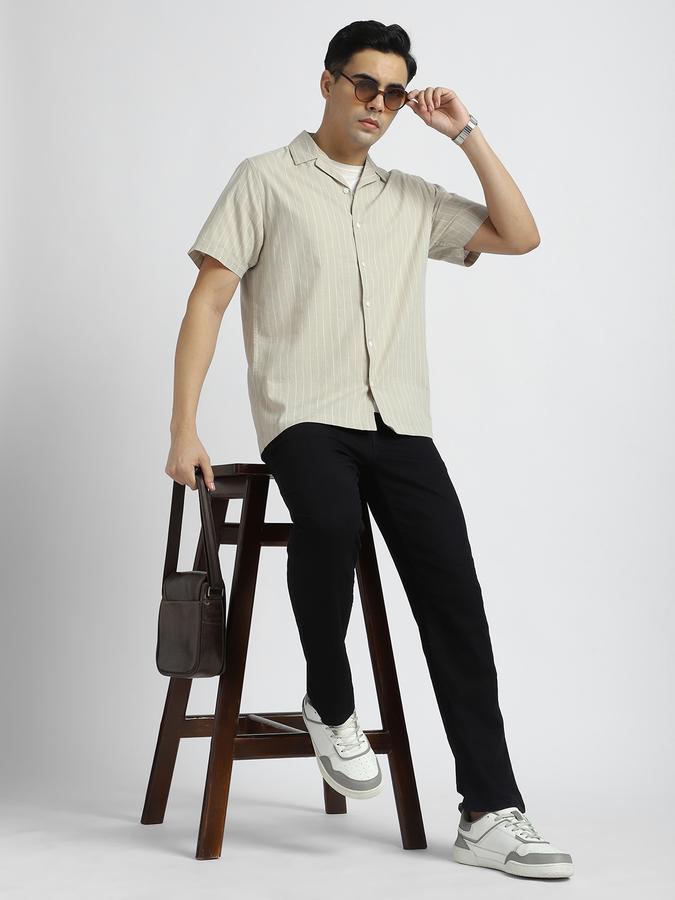 Men Cotton Regular Fit Cuban Collar Striped Shirt