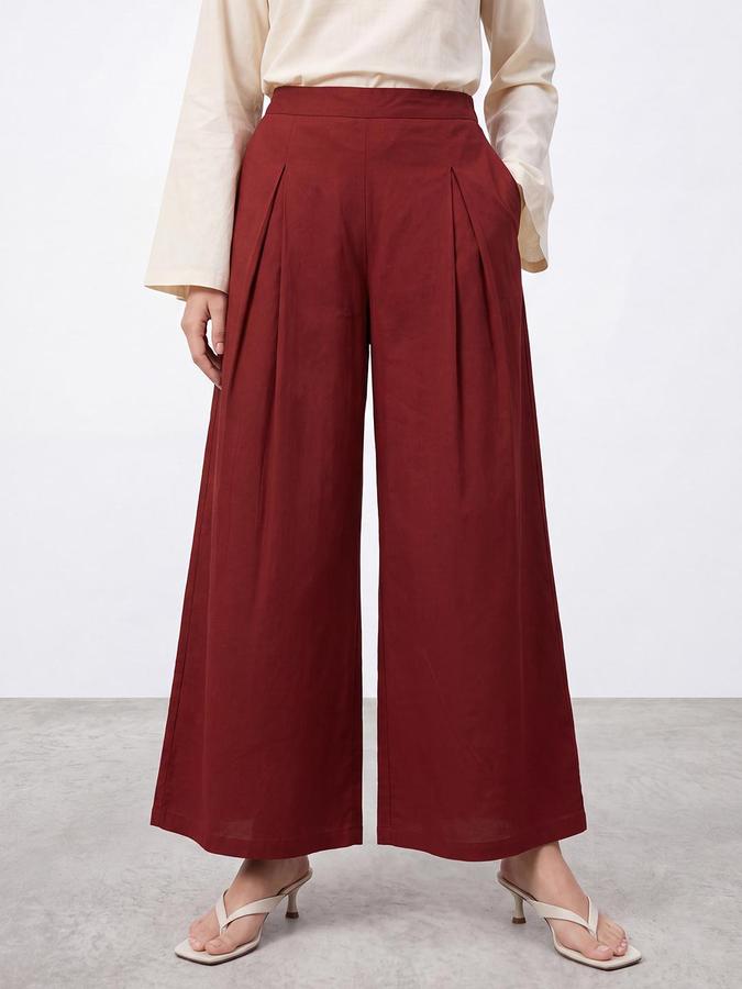 R&B Women Maroon Solid Pleated Palazzo