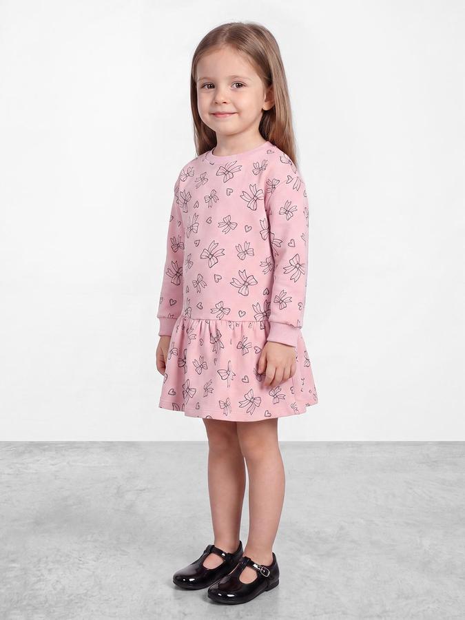 R&B Girls Light Pink Bow Printed Round Neck Cuffed Sleeves Drop Waist Dress