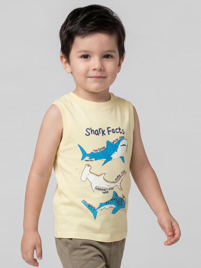R&B Yellow Graphic Print Boys Round Neck Regular Fit Sleeveless T-Shirt 
