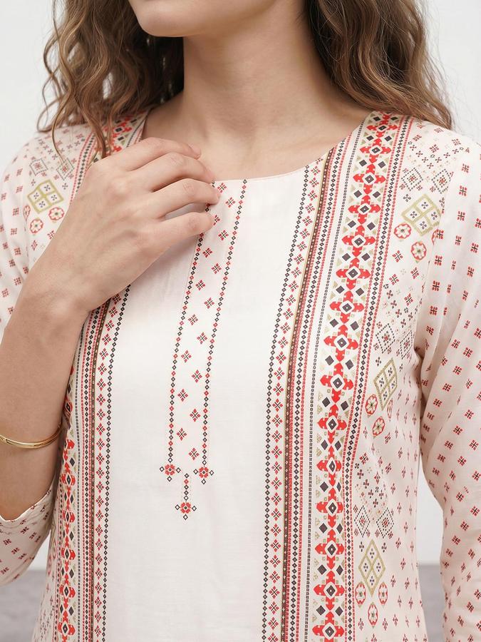 R&B Women Off White Printed Round Neck Three-Quarter Sleeves Calf Length Straight Kurta 
