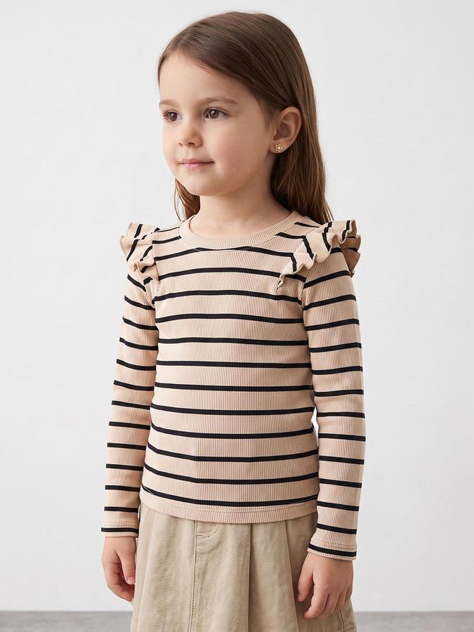 R&B Girls Beige Striped Long Sleeves Round Neck Ribbed T-Shirt