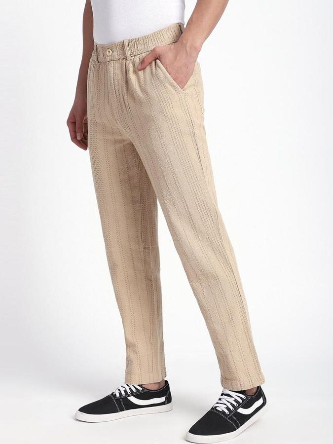 R&B Men Beige Striped Regular Fit Trousers