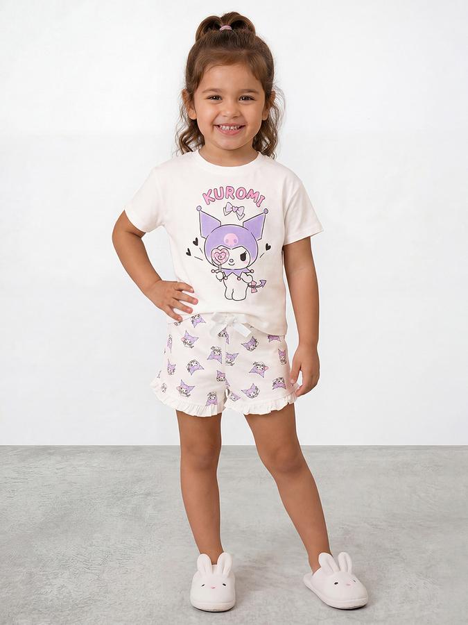 R&B Girls White Kuromi Print Short Sleeves Pure Cotton T-shirt &amp; Shorts Set