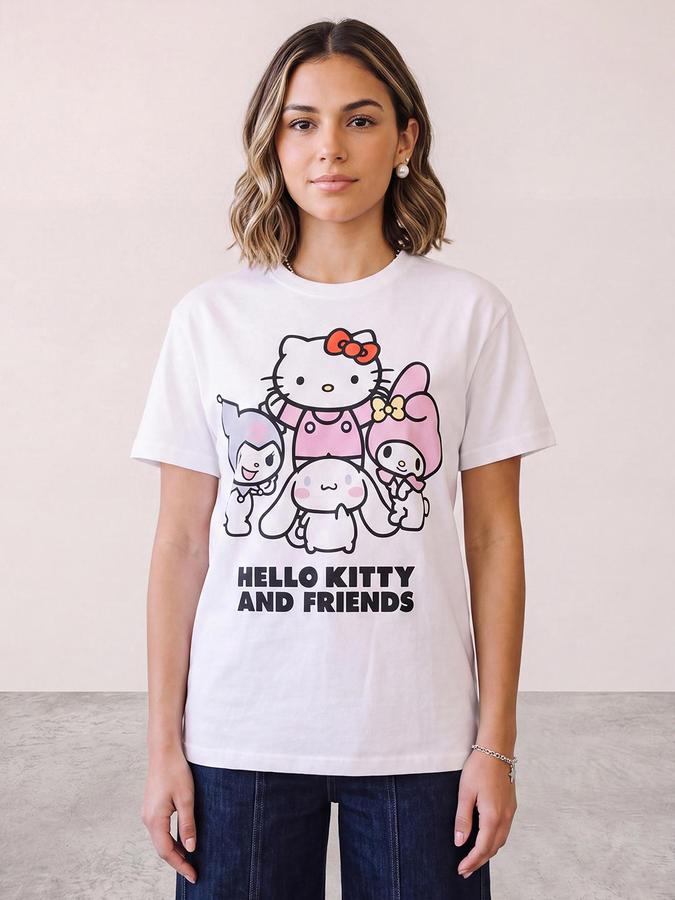R&B Women Ivory Short Sleeve Round Neck Hello Kitty Printed T-Shirt