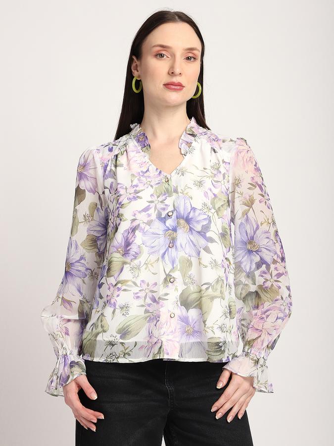 Women Polyester Regular Fit Ruffled Neckline Floral Top