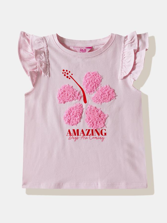 Girls Cotton Blend Regular Fit Crew Neck Ruffle Graphic Top