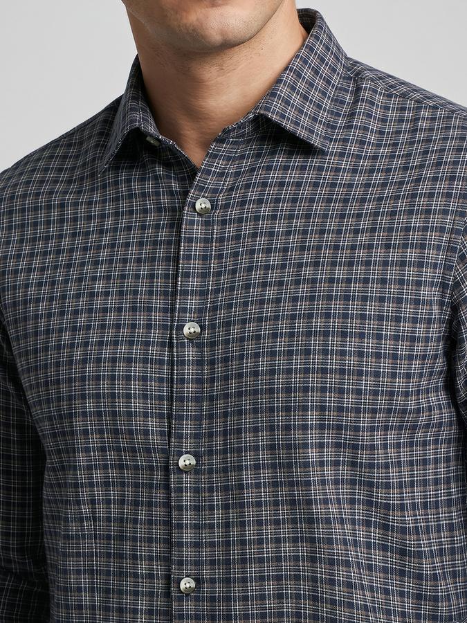 R&B Blue Checked Men Spread Collar Long Sleeves Shirt