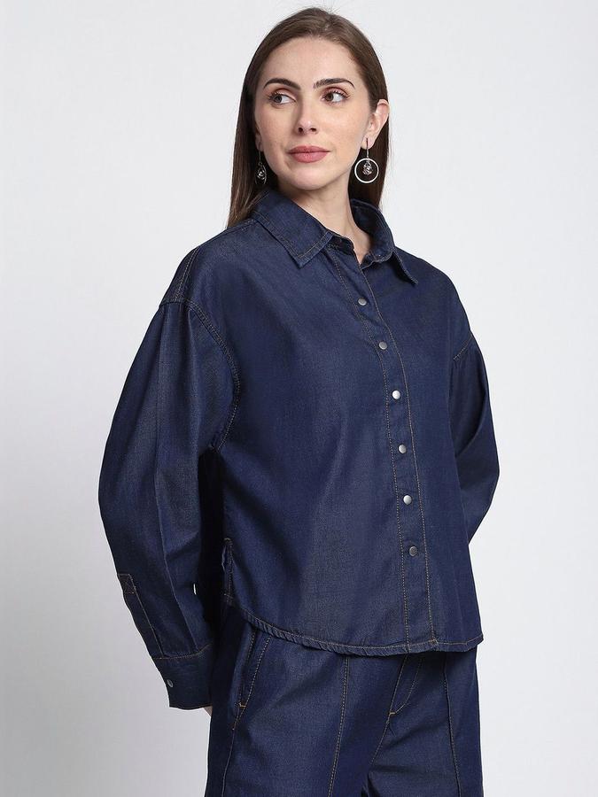 R&B Women Dark Blue Solid Long Sleeves Shirt 