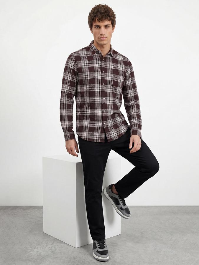 R&B Men Maroon Windowpane Checks Spread Collar Long Sleeves Regular Fit Shirt