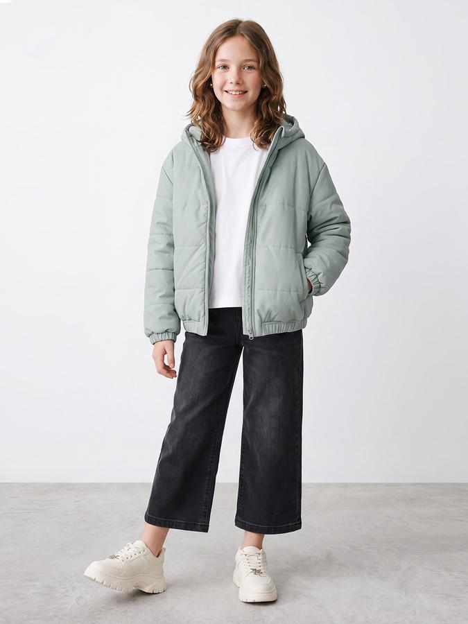 R&B Girls Mint Green Silf Design Hooded & Quilted Long Sleeves Puffer Jacket