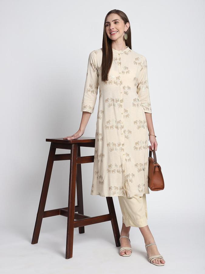 R&B Women Cream Etnic Motifs Print Mandarin Collar Knee Length Pure Viscose Ethnic Kurta