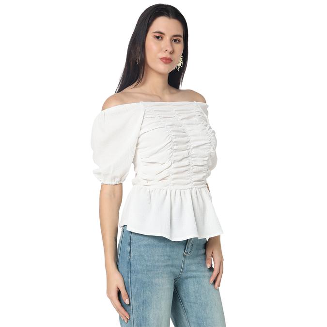 R&B Women Beige Solid Ruched Off-Shoulder Peplum Top