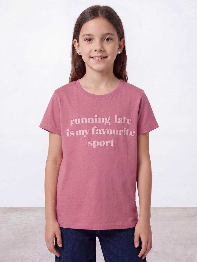 R&B Girls Dusty Pink Typography Print Short Sleeves Round Neck Pure Cotton T-Shirt