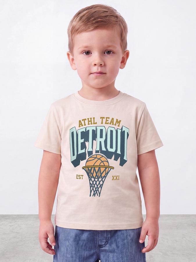 R&B Boys Light Beige Short Sleeve Round Neck Football Graphic Print T-Shirt