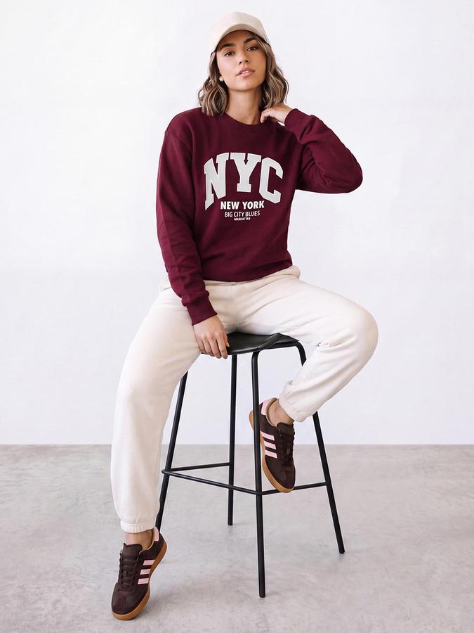 R&B Women Burgundy Varsity Typography Round Neck Long Sleeves Relaxed Fit Sweatshirt