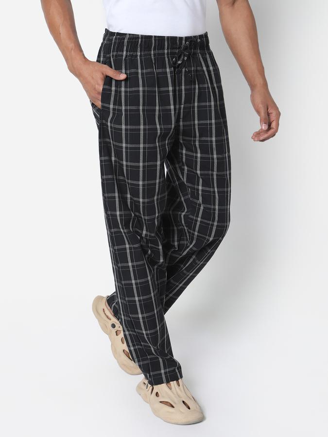 Men Cotton Relaxed Fit Drawstring Waist Checks Trousers