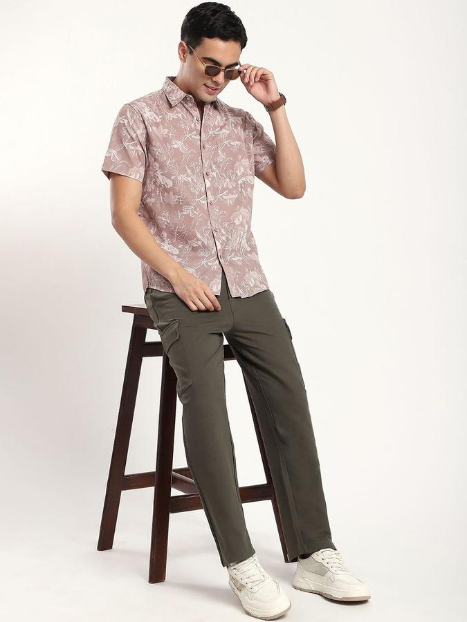 R&B Men Beige Floral Print Half Sleeves Slim Fit Shirt