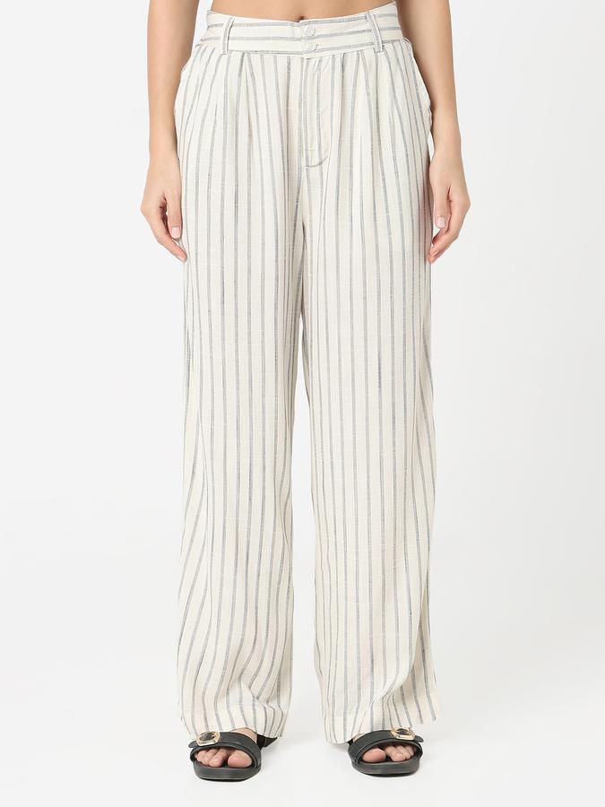 Women Linen Blend Wide Leg High Rise Pleated Trousers