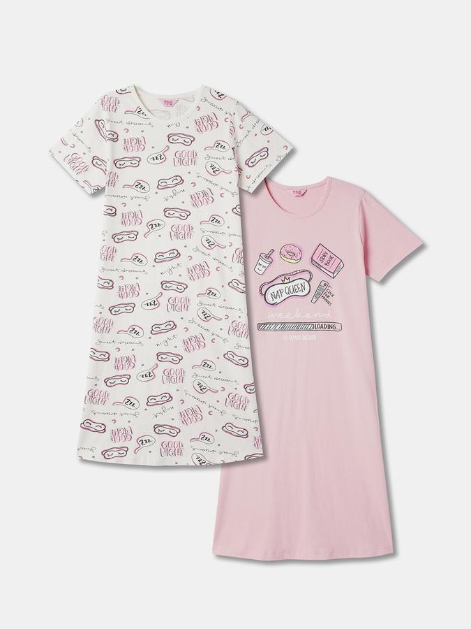 Girls Pack of 2 Graphic Print Cotton Nightshirts