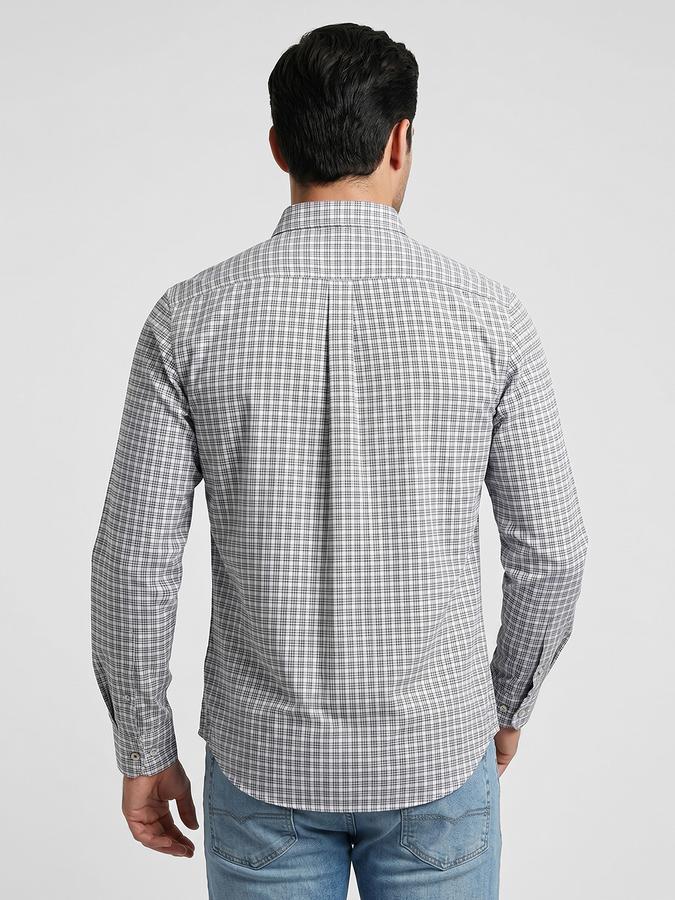R&B Brown Checked Men Spread Collar Long Sleeves Shirt