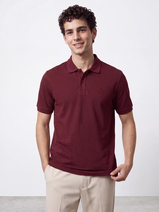 R&B Men Cherry Red Solid Short Sleeves Pure Cotton Polo Collar Tshirt