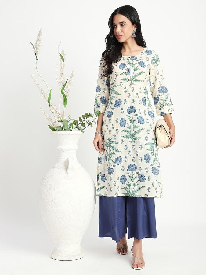 R&B Women Blue Floral Print Round Neck Knee Length Pure Cotton Ethnic Kurta