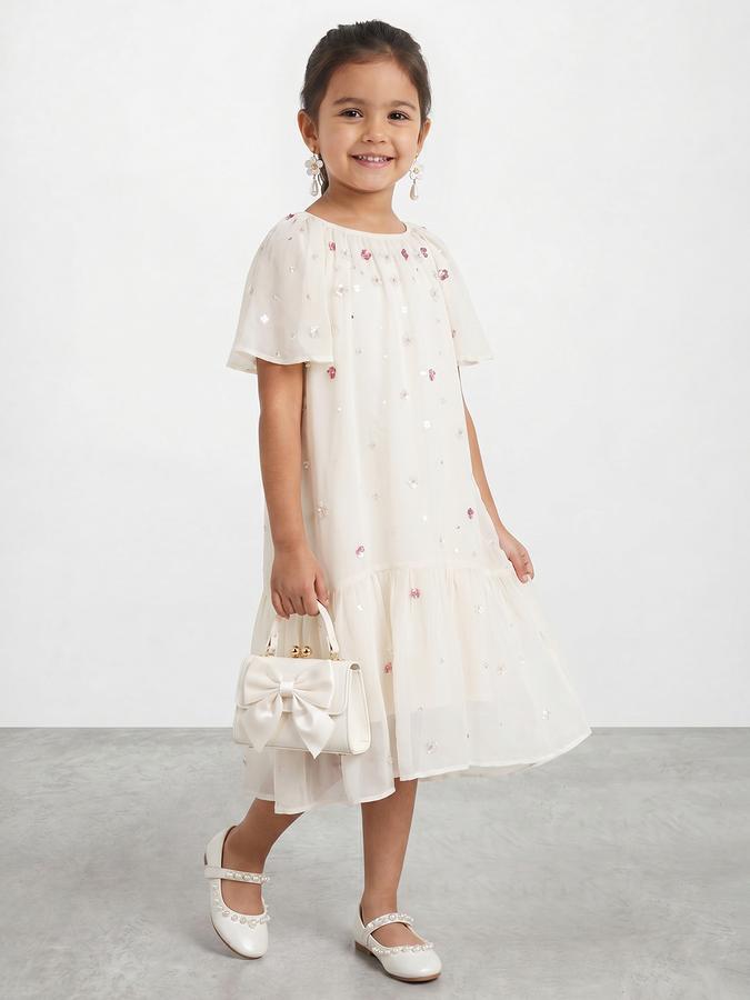 R&B Girl White Embroidery Floral Pure Cotton Flutter Sleeves A-Line Dress