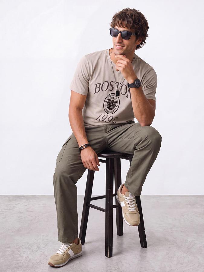 R&B Men Beige Short Sleeve Round Neck Typography Print T-Shirt