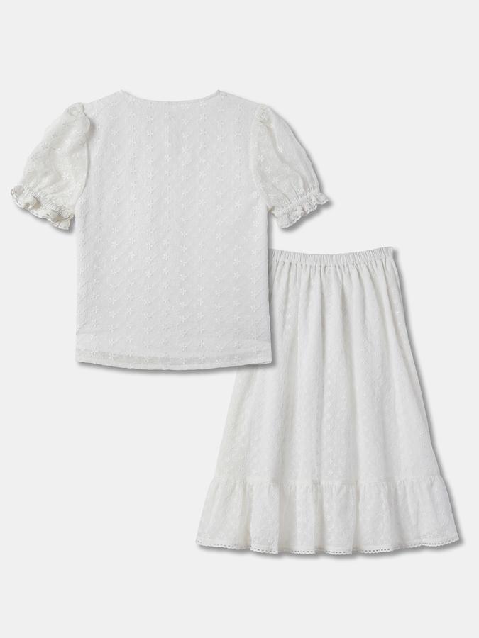 Girls Embroidered Puff Sleeve Chiffon Top and Skirt Set