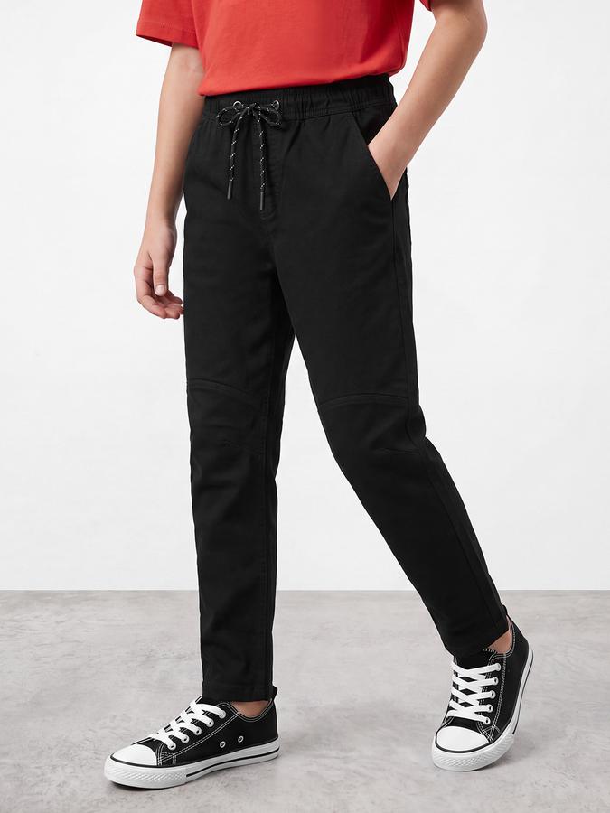 R&B Boys Black Solid Regular Fit Mid Rise Trousers