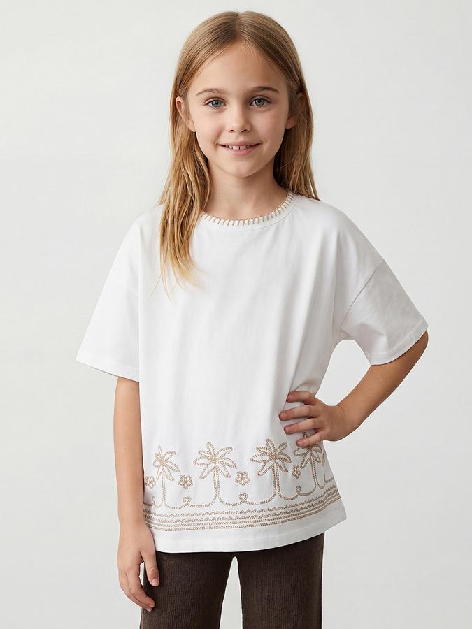 R&B Girls White Regular Fit Tree Embroidered Short Sleeve T-shirt
